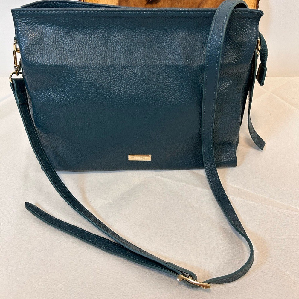 Viola Castellani Italian Genuine Leather Handbag Forest Green Gold Tone Hardware