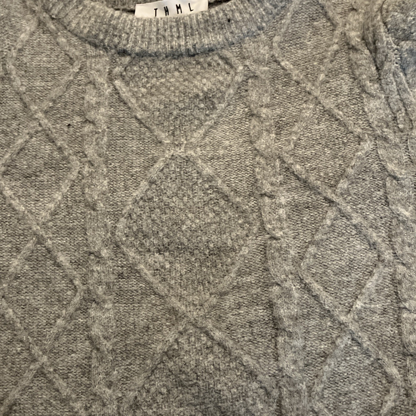 THML Womens Crewneck Pullover Sweater XS Gray Cable Knit Argyle Long Sleeve