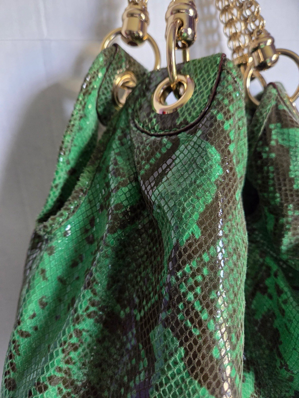 Antonio Melani Green Snake Print Leather Hobo Shoulder Bag Gold Chain Large