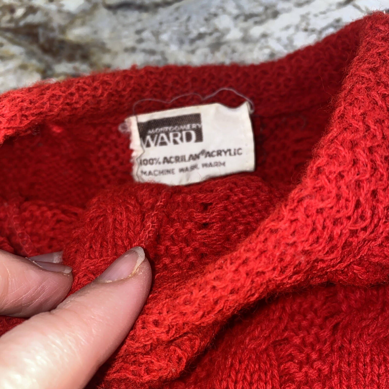 Montgomery Ward Button Up Acrylic Knit Poncho Fringe Red Vtg 70’s Sweater
