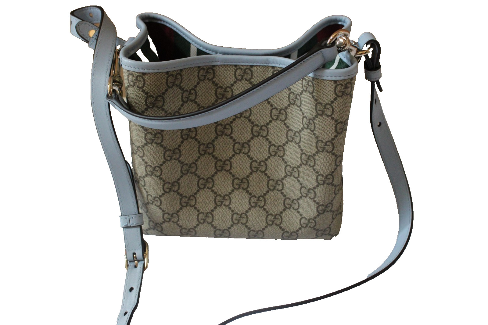 Gucci GG Emblem Small Bucket Shoulder Bag Beige Ebony Light Blue