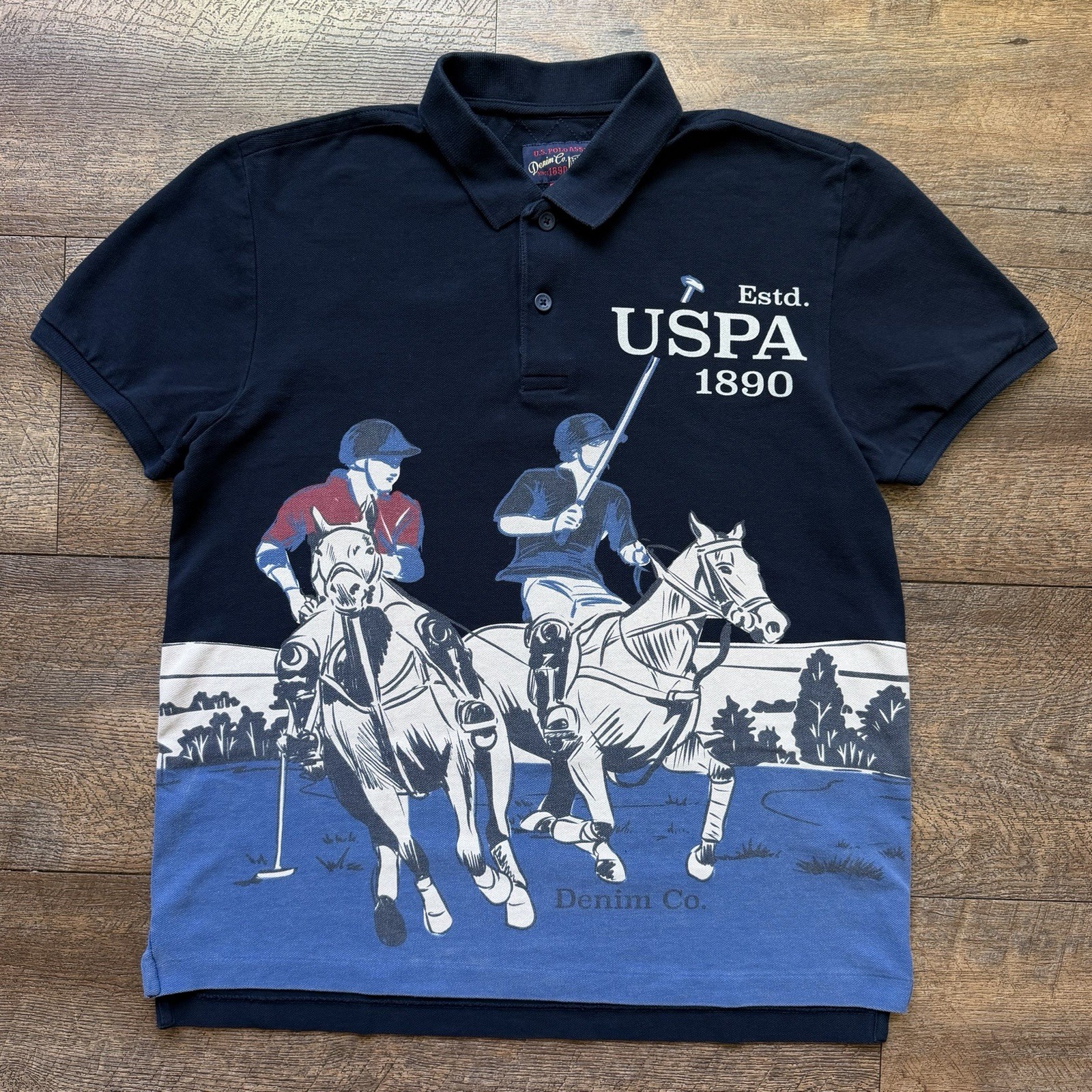 Mens Large USPA Polo Horseback American Free Spirit Ribbed Collar/Sleeve Shirt