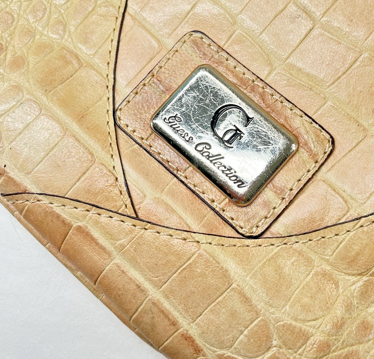 Vintage GUESS Y2K Beige Croc Embossed Logo Hobo Bag Studded Rhinestone Buckle