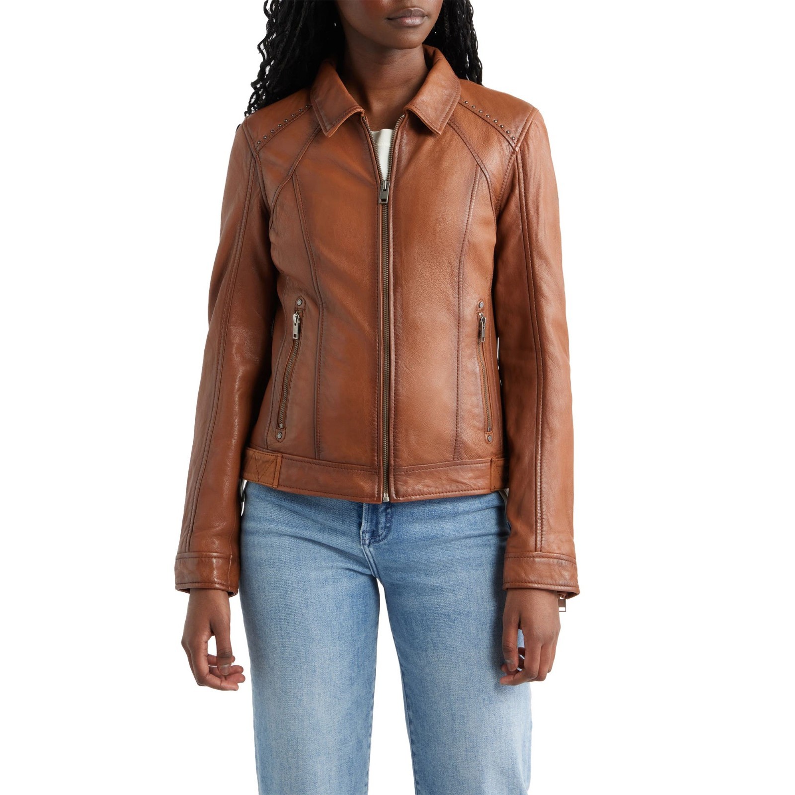 Women’s Real Leather Jacket Classic Tan Brown Studded Collar Zip Up Casual Coat