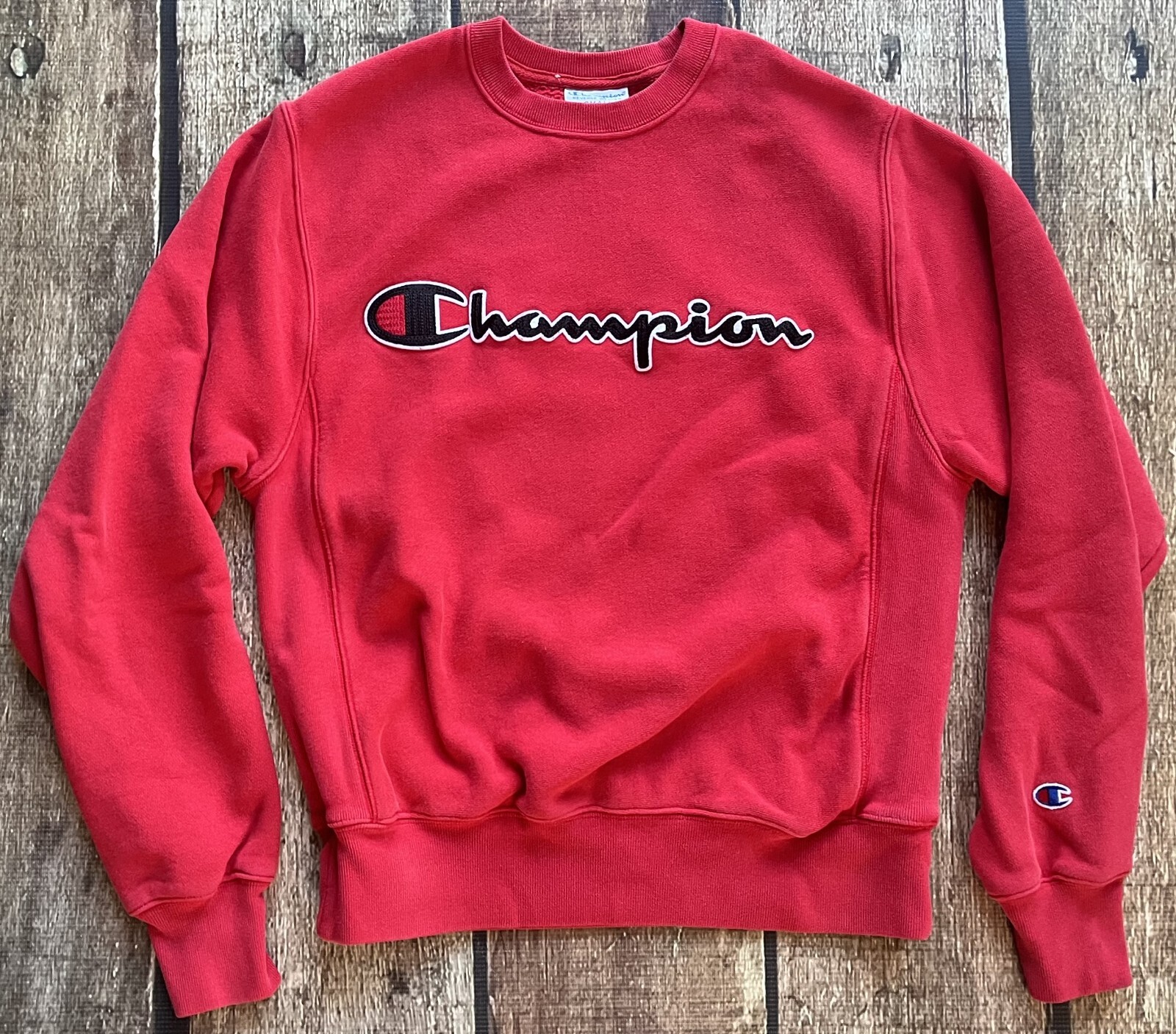 CHAMPION REVERSE WEAVE SPELLOUT CREWNECK SWEATSHIRT RED MENS SMALL EXCELLENT