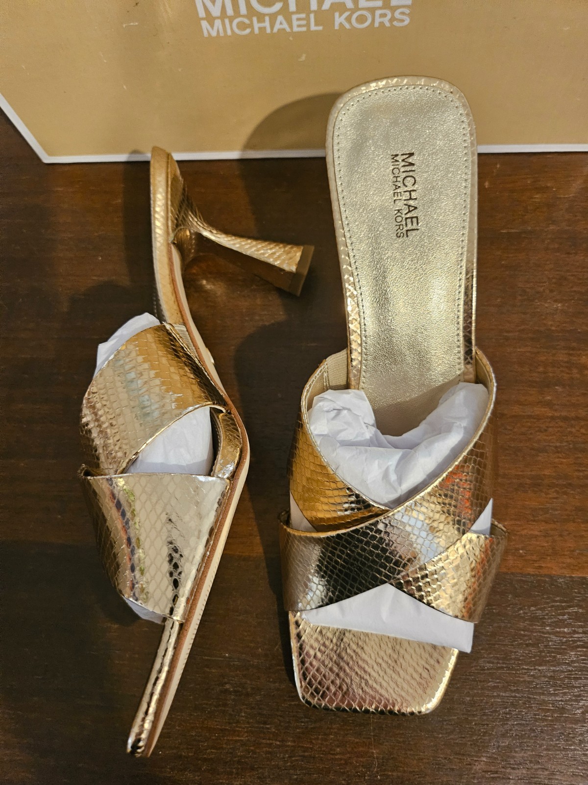 Michael Kors Clara Mule Square toe Sandals Gold Snake Skin leather New in box 10