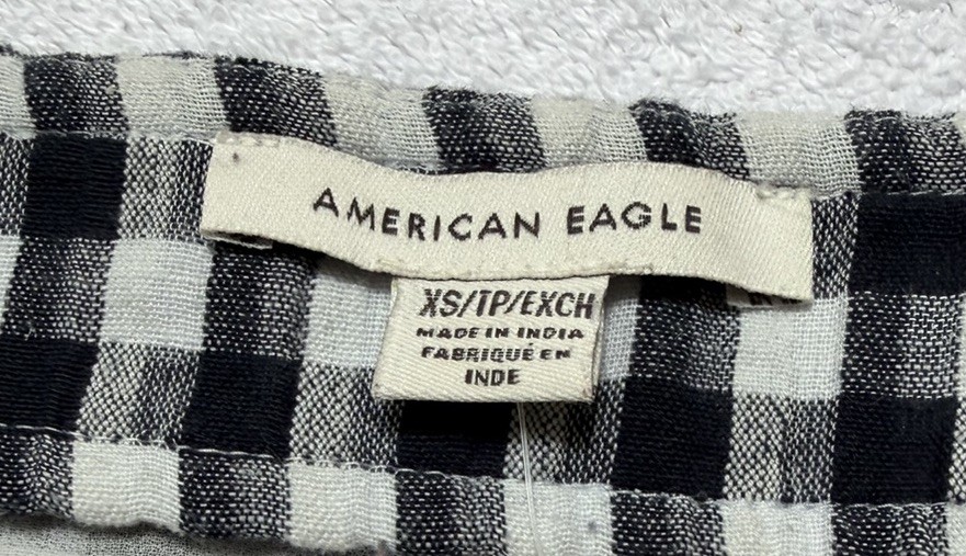 American Eagle Gingham Mini Skirt Size XS Black White Cotton Linen Slit Lined