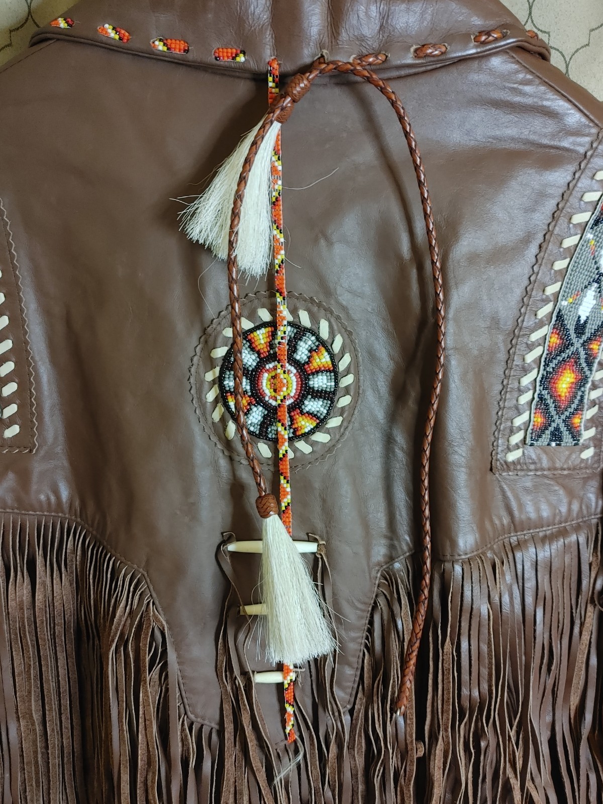 Vintage 70s Lariat Leather Fringe Jacket Beaded Western Cowboy Hippie Ranch USA
