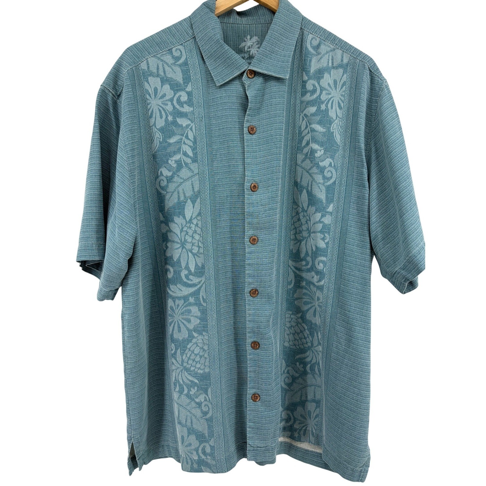 Tommy Bahama Mens Large Silk Tropical Jacquard Camp Shirt Teal Blue Pineapple