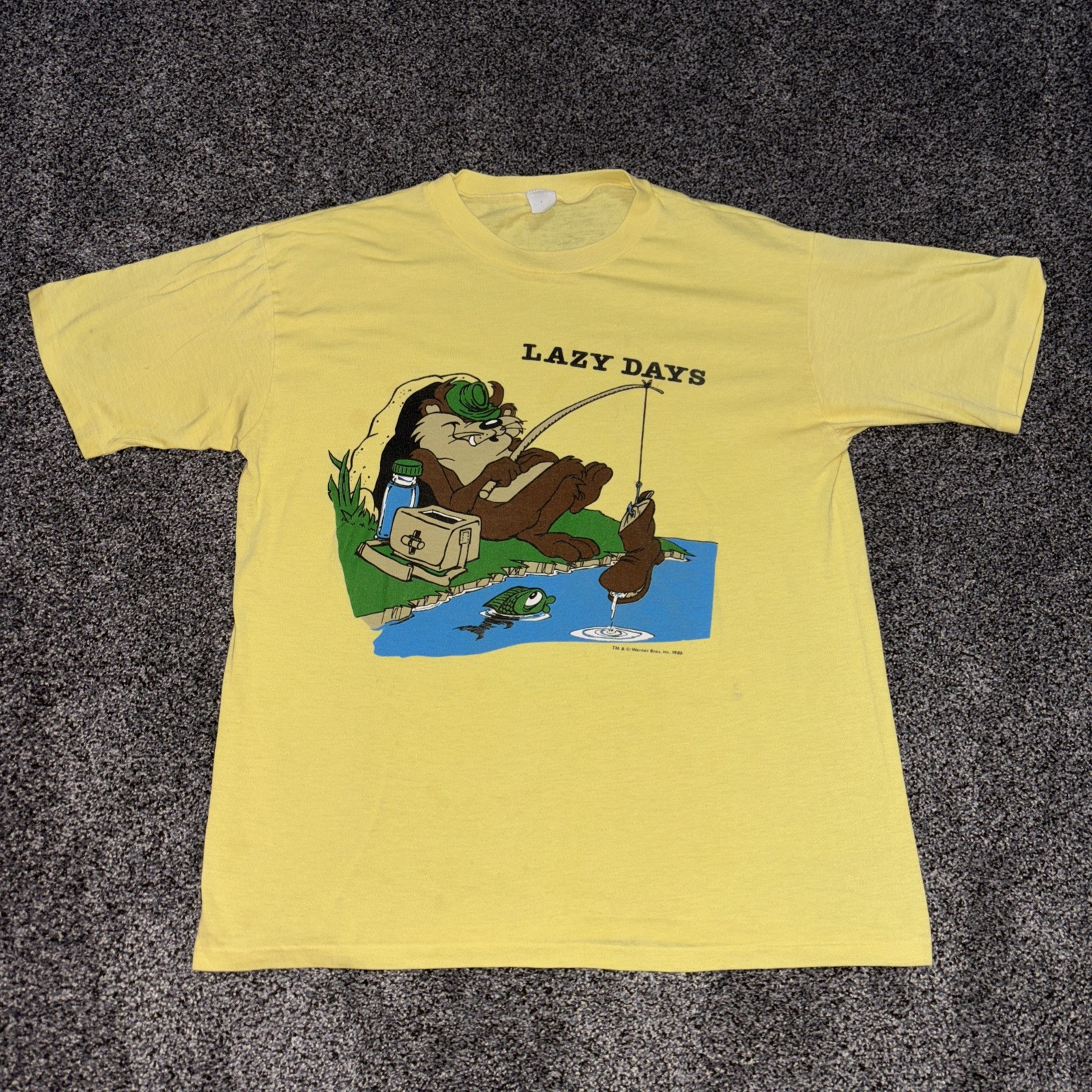 Vintage 1986 Taz Looney Tunes Lazy Days Fishing Shirt Rare Medium Read Info