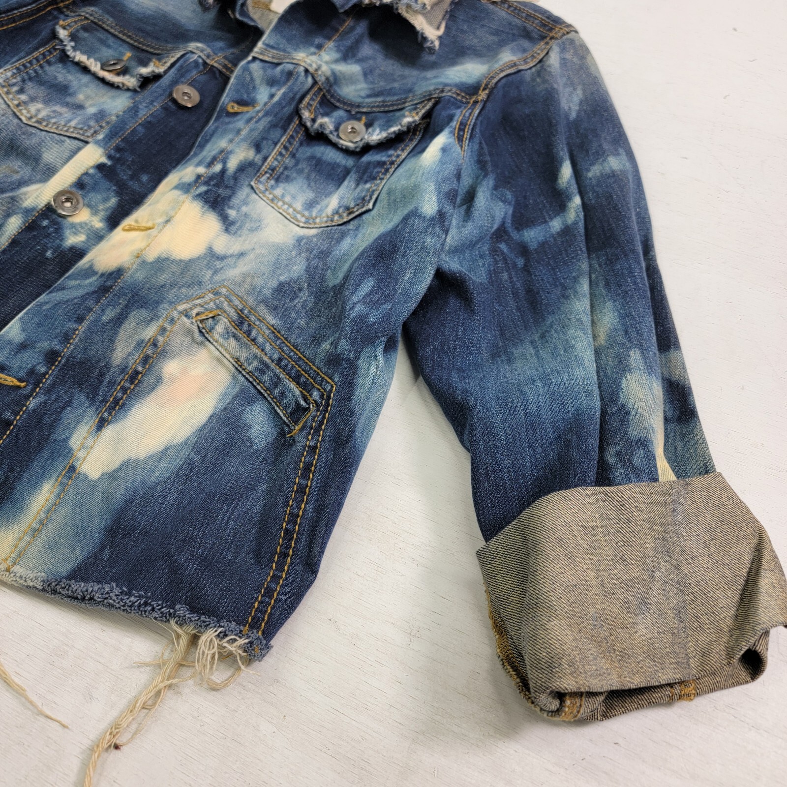 A Rare Bird Handmade Original Distressed Acid Wash Denim Jacket Adult Sz S/M EUC