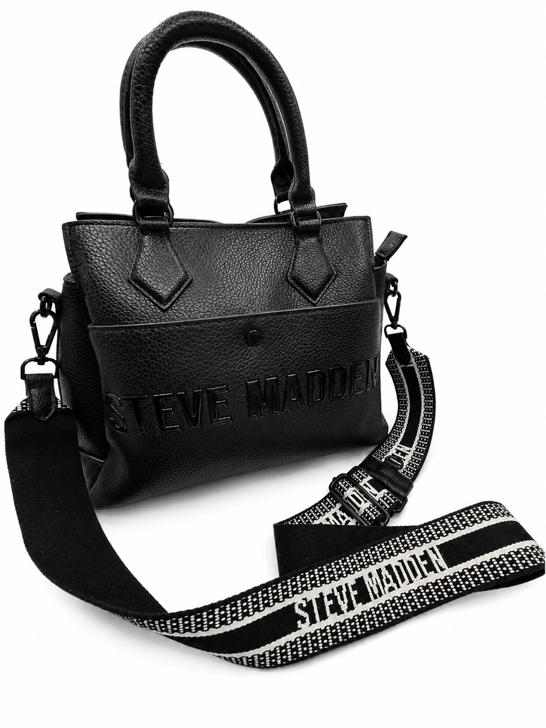 Steve Madden Black Pebbled Faux Leather Satchel Crossbody Tote Shoulder Bag