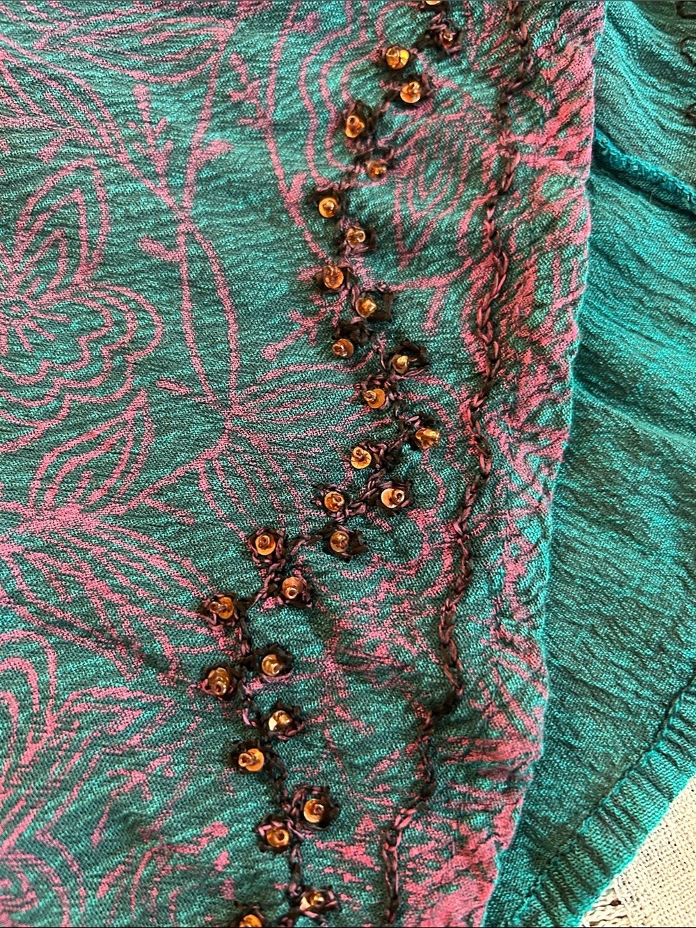 Greater Good Boho Midi Dress with Beaded Neckline in Brown and Teal