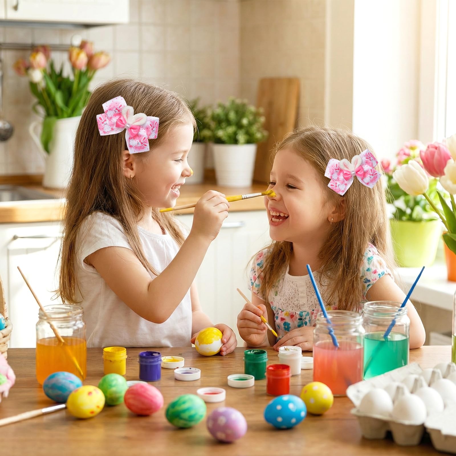 4 PCS Easter Hair Bows 4.7 Inch Pink Clips Bunny Ears Toddlers Kids Spring