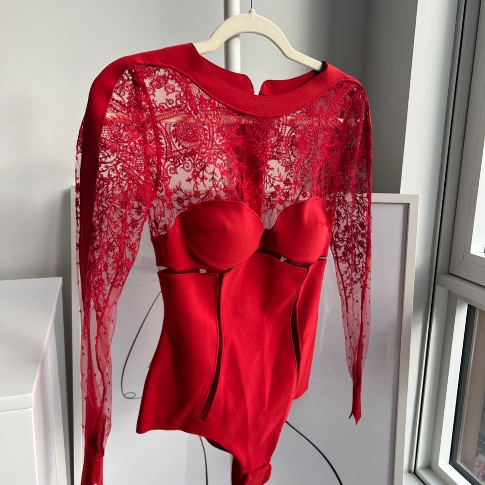 La Perla Black Label Ultra Rare Desire Neoprene Lace Zipper Bodysuit (Red)