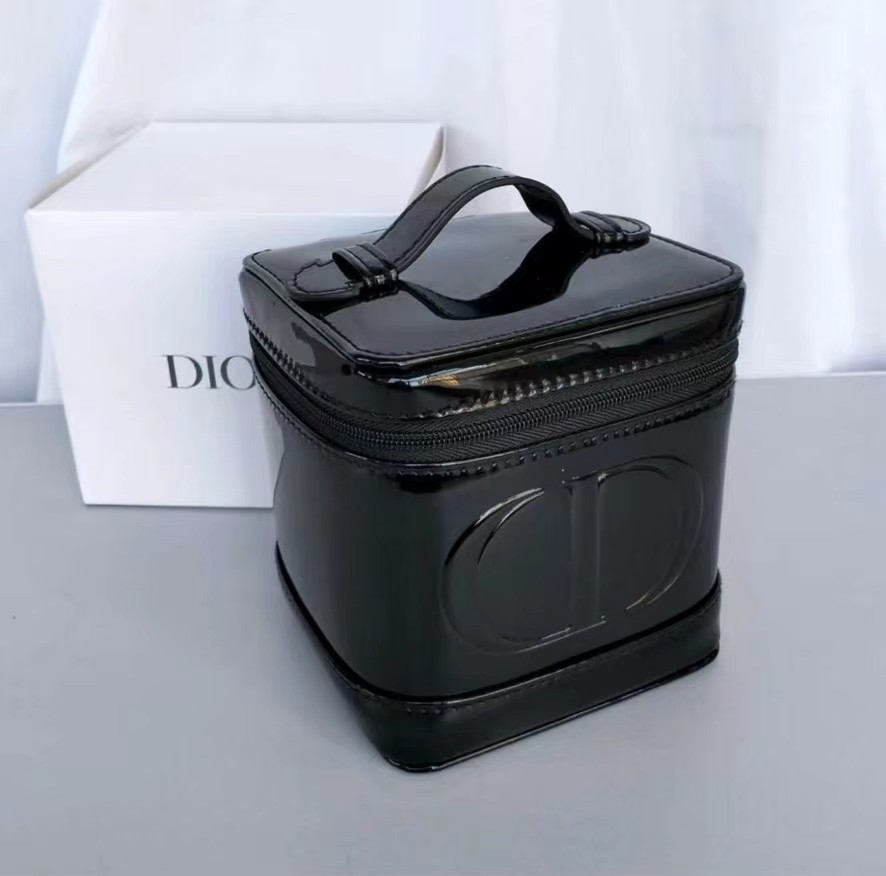 Black Patent Faux Leather Embossed CD Logo Mini Vanity Makeup Bag Beauty GWP
