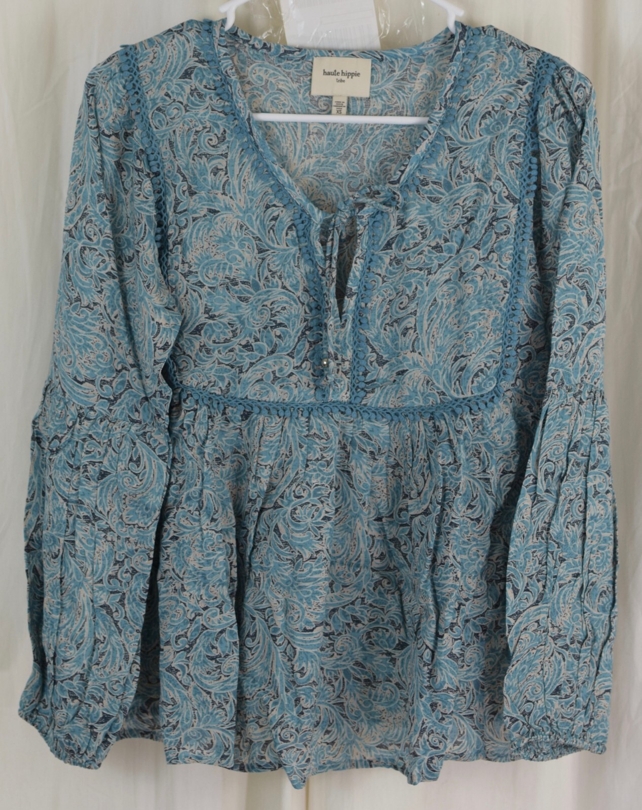 Haute Hippie Tribe Avery Peasant Blouse Tie Neck Detail Pasley Blue Size XS