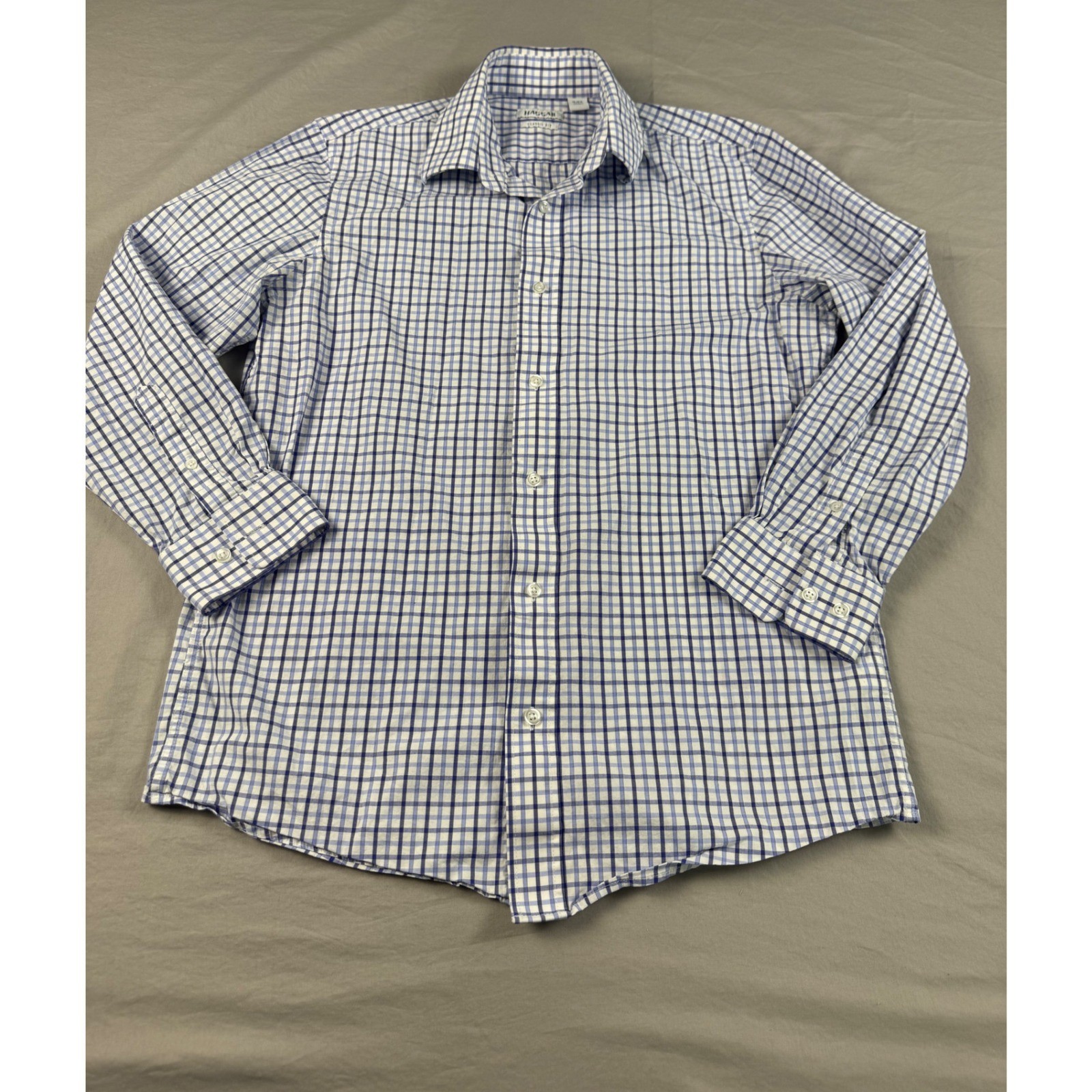 Haggar Mens Classic Fit Blue White Check Button Down Shirt 15-15.5 32/33 WPL386