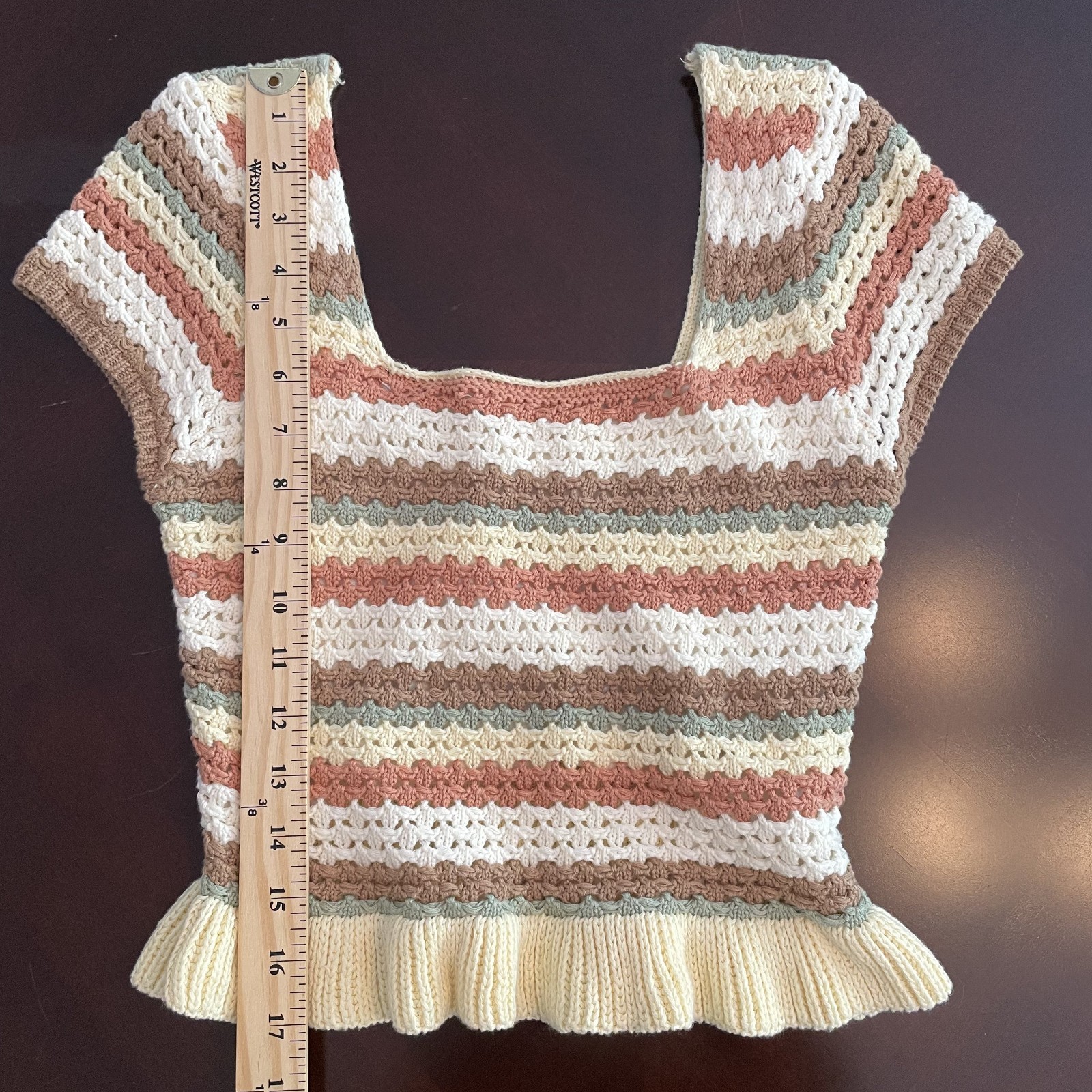 100% Cotton Crochet Open Knit Striped Crop Top Sz S Ruffles Granny Boho Cottage