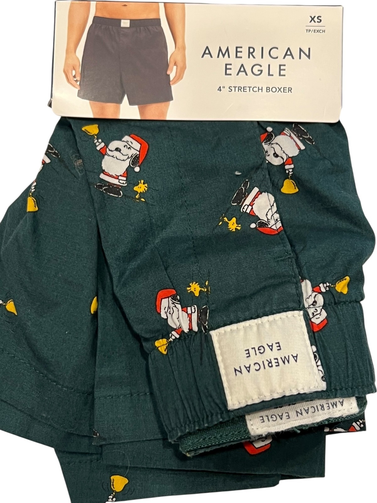 NWT AMERICAN EAGLE Stretch Boxer Sz XS-S-L-XL Green Red Santa Snoopy #42