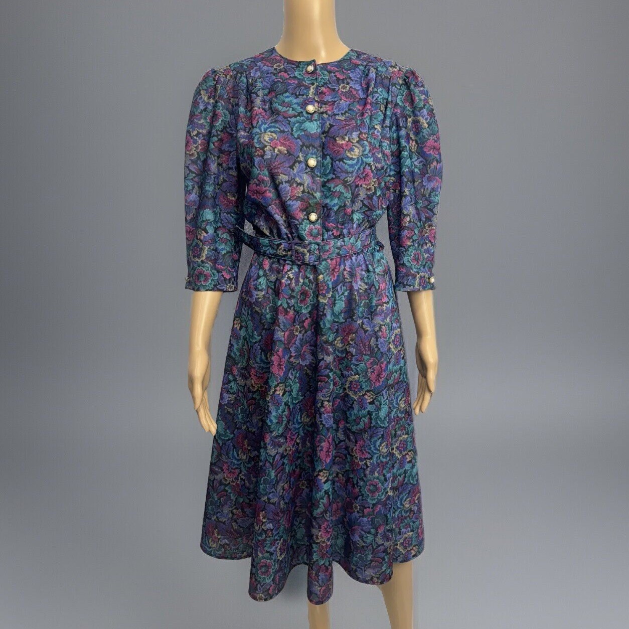 VTG 80s California Looks Floral Jacquard Belted Midi Dress Sz 10 Made USA Purple