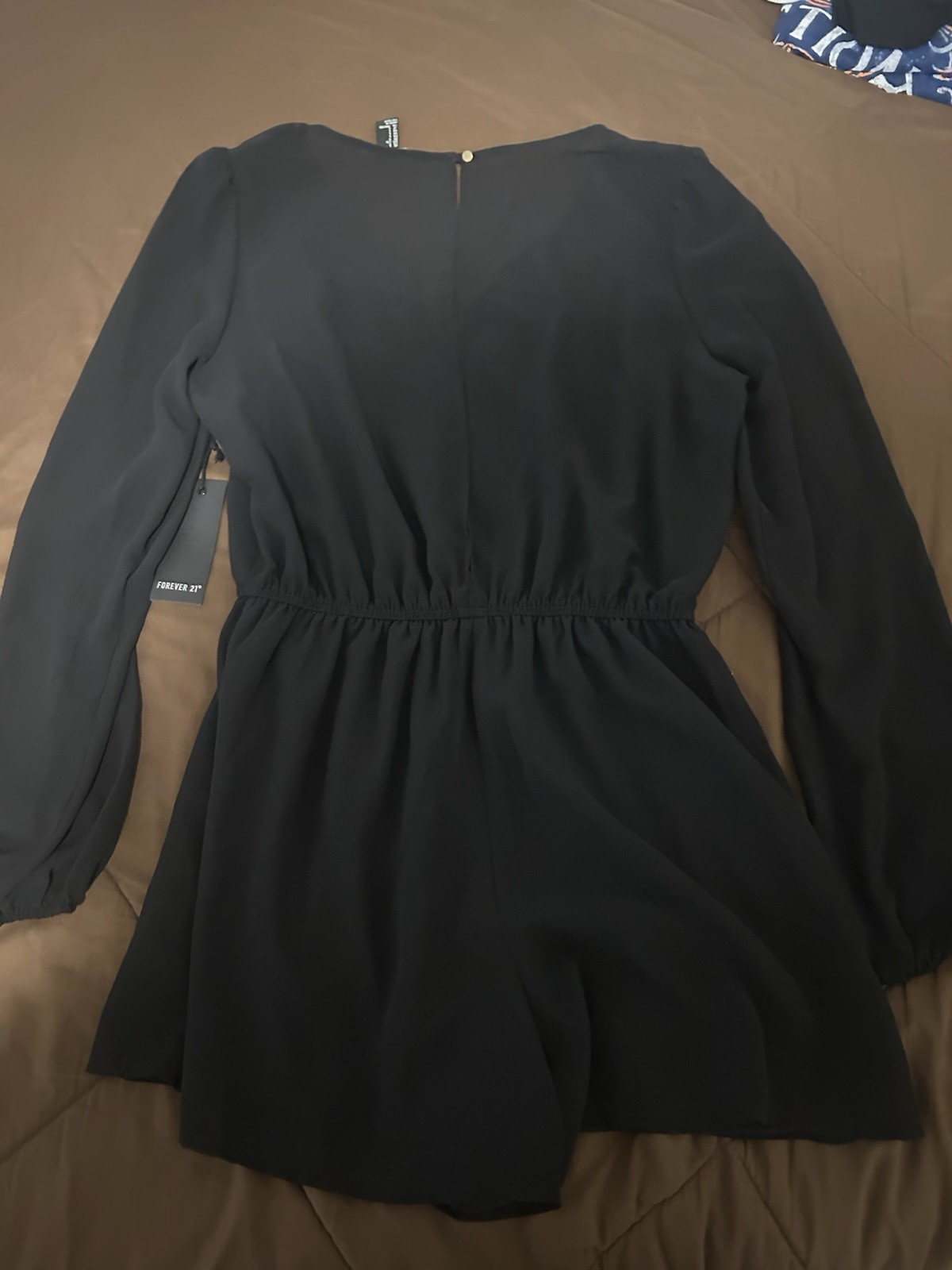 Forever 21 Black Chiffon V-Neck Long Sleeve Romper Keyhole Back