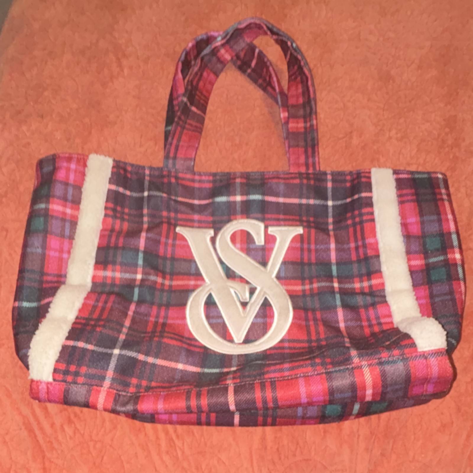 Victoria’s Secret Plaid Faux Fur Trim Tote Bag Pink Red with VS Logo for Women