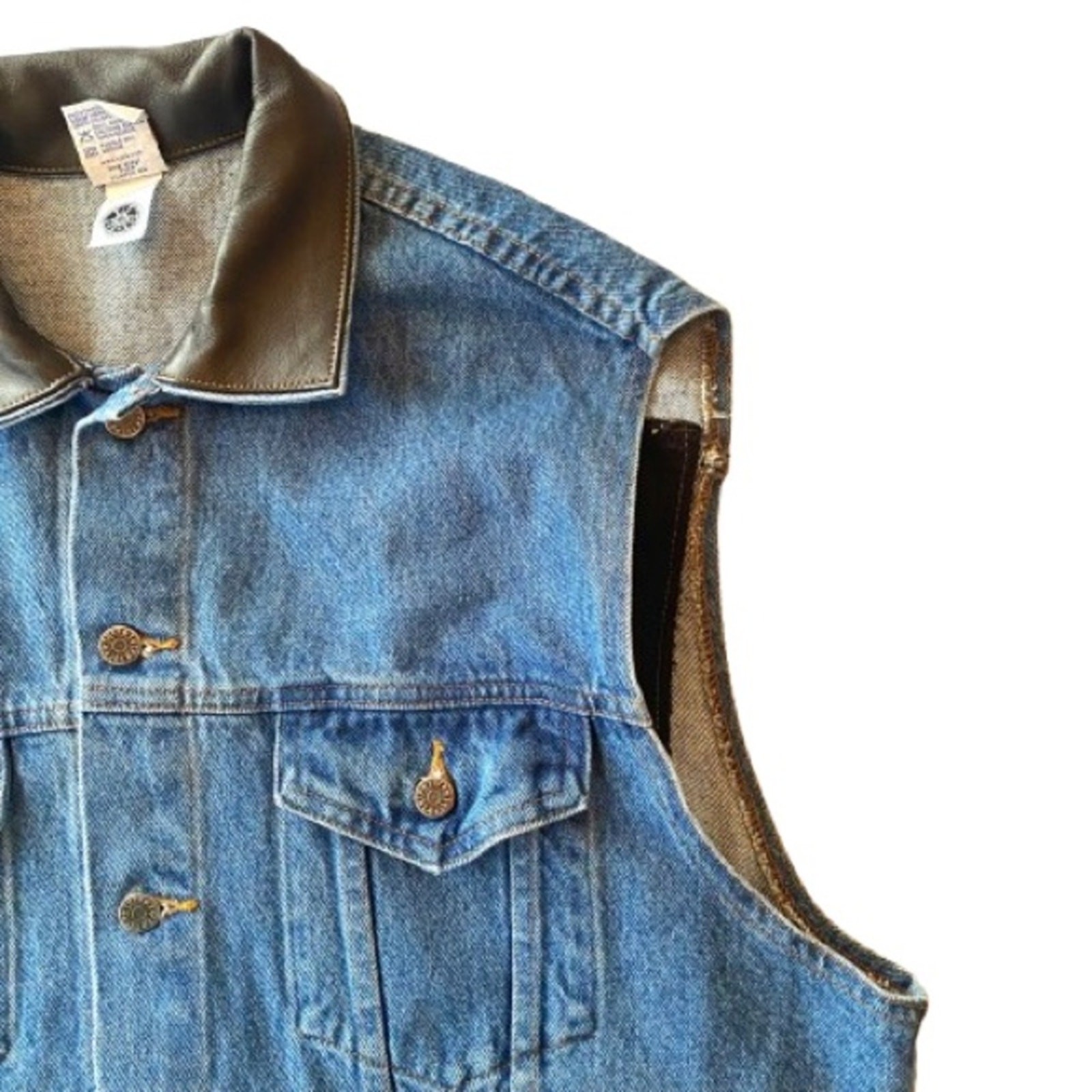 Vintage Denim Biker Vest Embossed Faux Leather Panel Sleeveless Pikes Peak 2XL