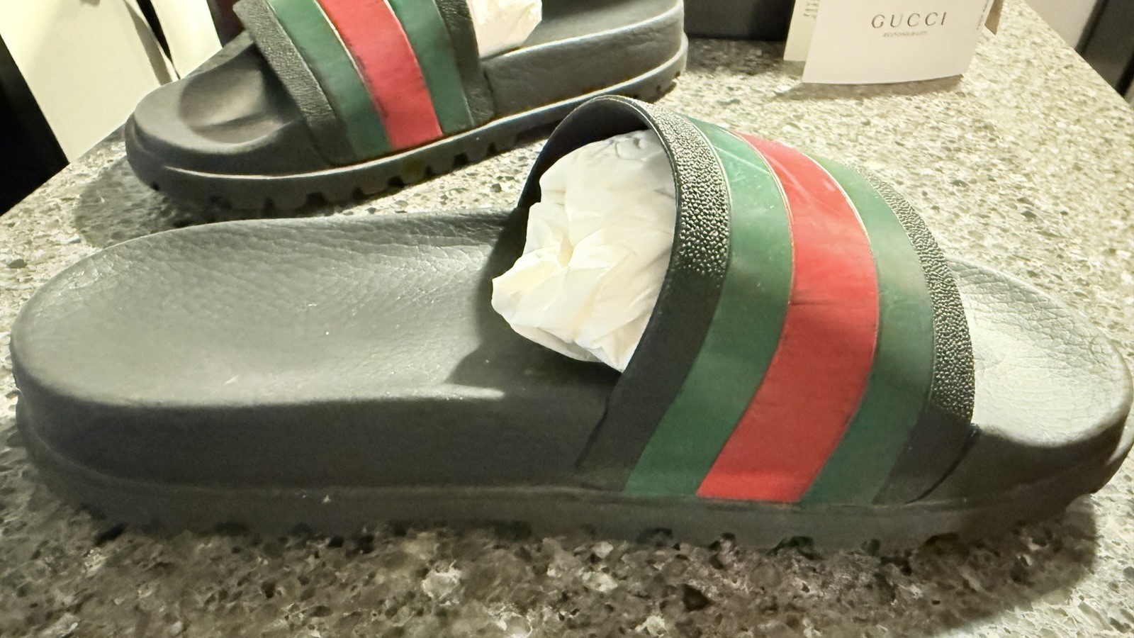 Authentic Gucci Black Rubber Web Slide Sandals Men’s Size 8 With Box & Booklet