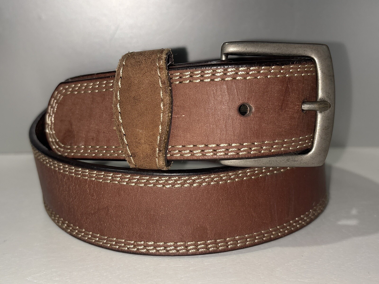 Wrangler Genuine Leather Belt Men’s M 34 Brown 3 Rows Contrast Stitching BW23352