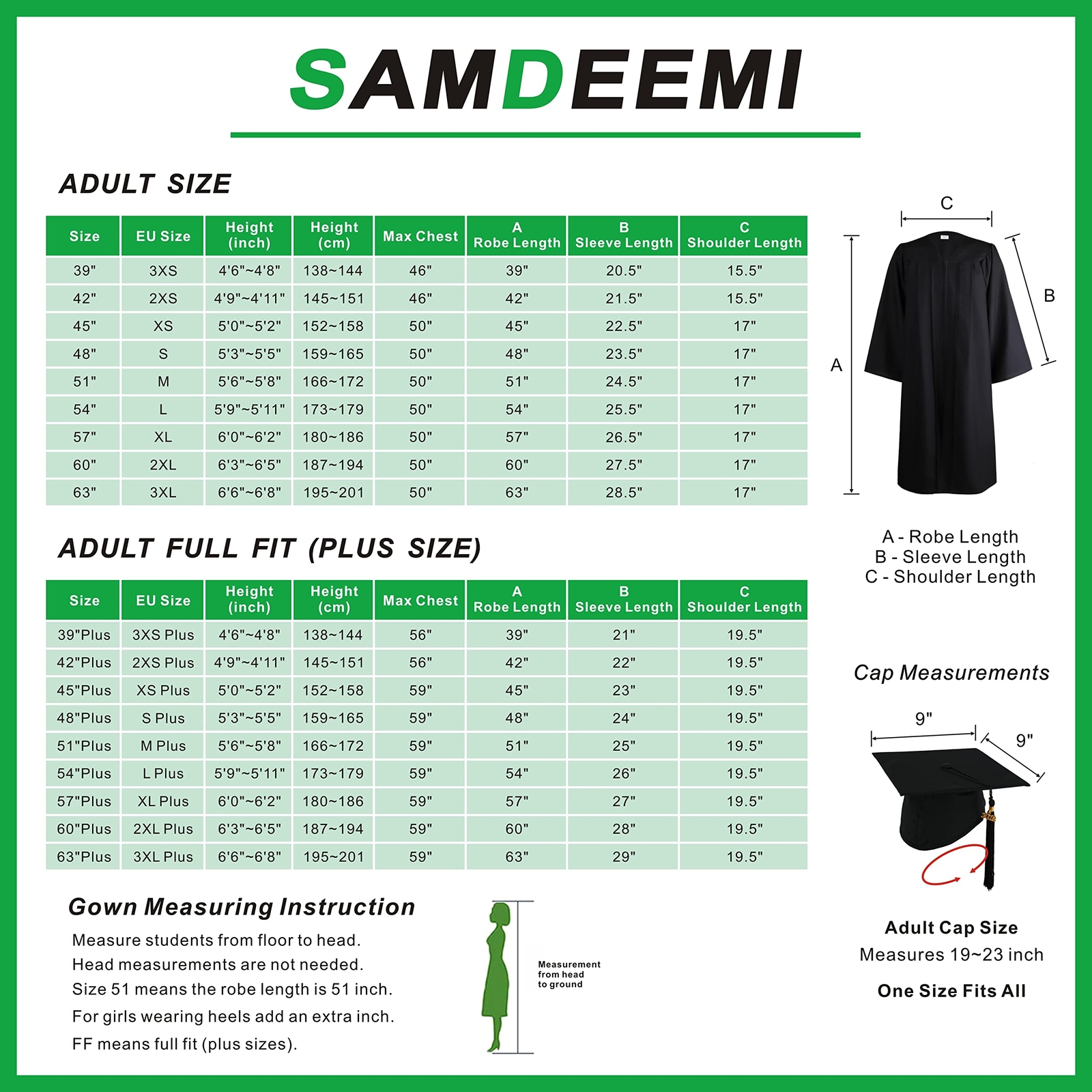SAMDEEMI Unisex Adult Matte Graduation Gown Cap Tassel Set 2024 for High School