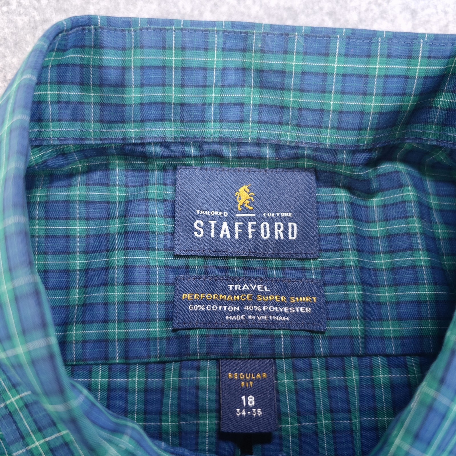 Stafford Travel Performance Super Shirt Mens 18 34/35 Blue Green Check Point