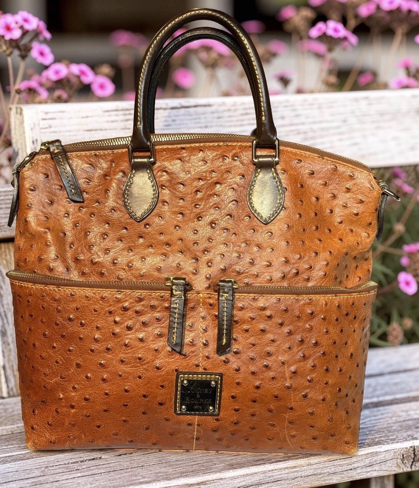 Dooney Bourke Chestnut Brown Ostrich Embossed Leather Front Pocket Satchel Tote