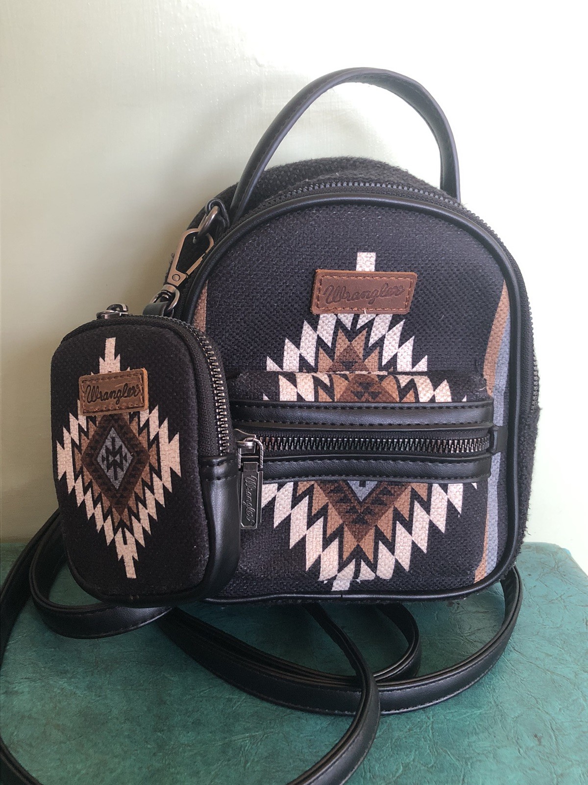 Wrangler Ladies Southwestern Black Mini Backpack With Coin Purse Western Rodeo