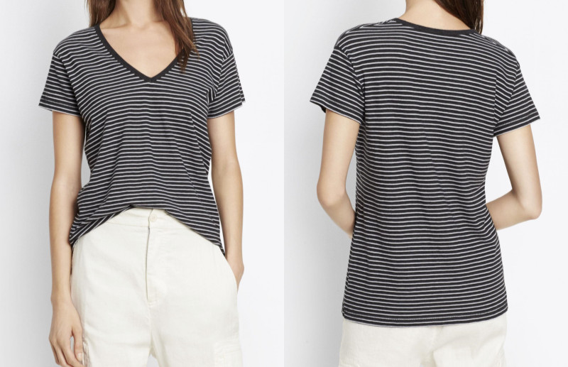 NWT Vince Striped V-Neck Short Sleeve Tee in Black/White 100% Pima Cotton XS $85
