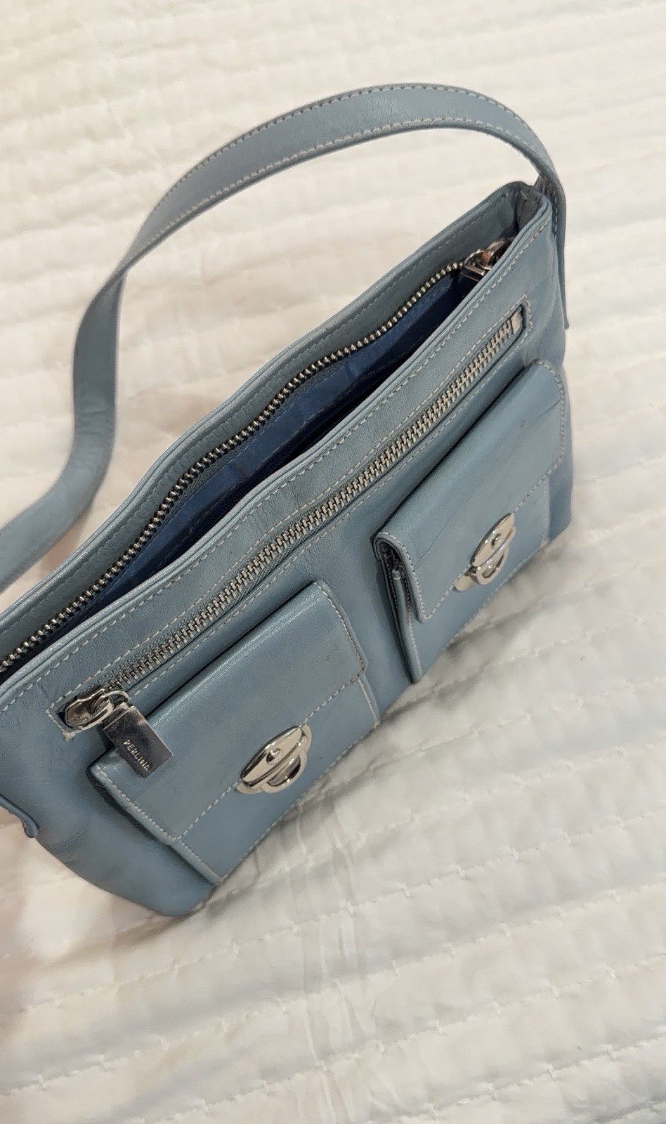 Perlina Vintage Light Blue Shoulder Bag Silver Hardware Turn Lock Zipper Accents