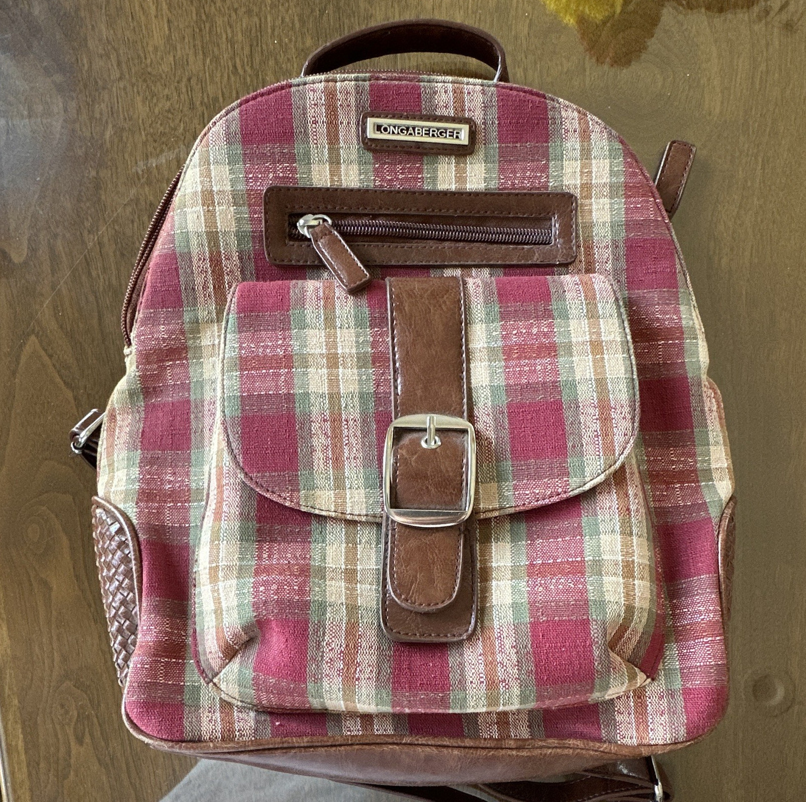 Longaberger Mini Backpack in Plaid Burgundy with Adjustable Straps