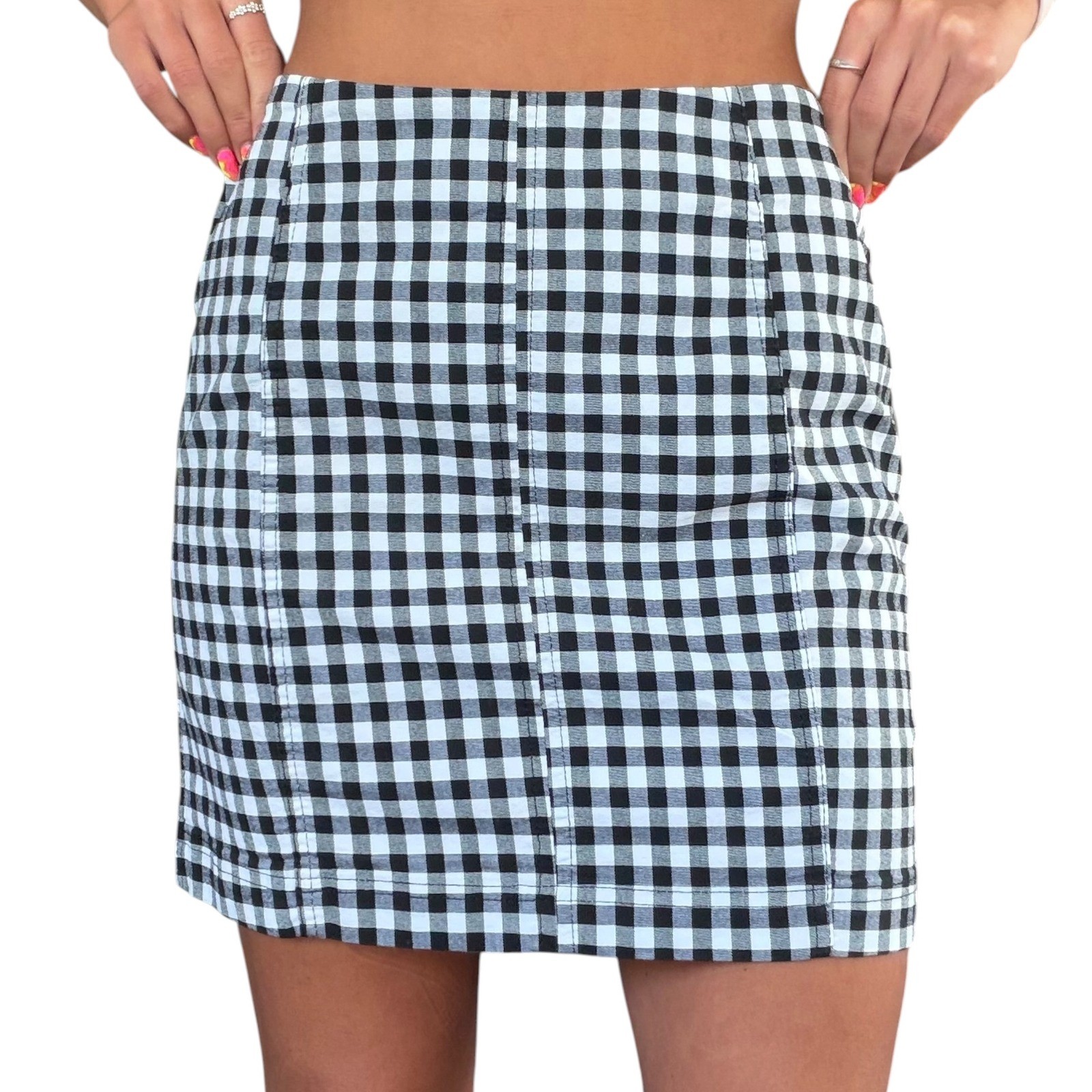 Free People 12 Black White Gingham Checker Plaid Modern Femme Novelty Mini Skirt