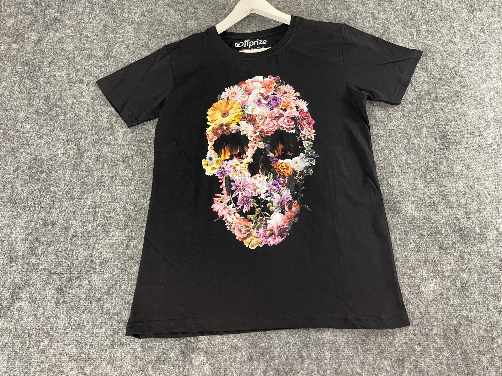 Off Prize Shirt Mens Small Skull Print Floral Tee Black Slim Fit Cotton N101
