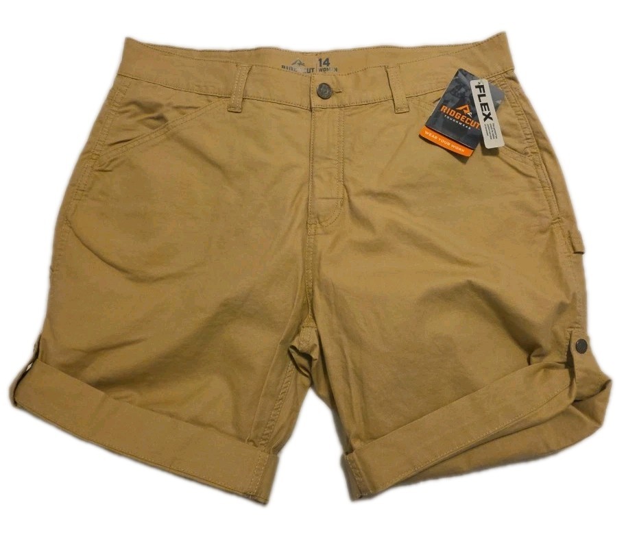 Ridgecut Shorts Womens 14 Beige Flex Flat Front Cuffed Roll Up Work Short NWT