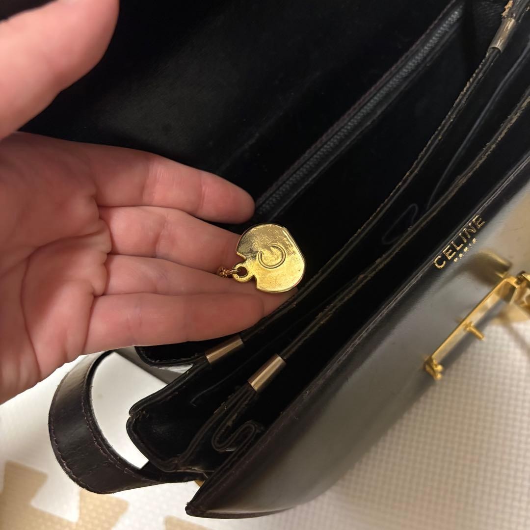 CELINE Black Leather Vintage Shoulder Bag Horsebit Carriage Hardware Authentic