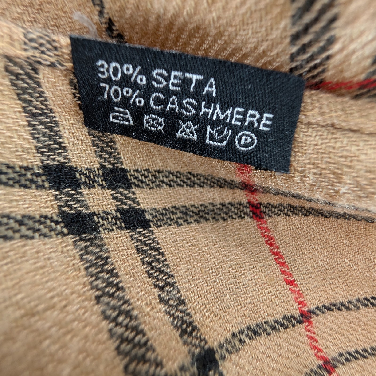 Cashmere Silk Plaid Scarf Wrap Fringe Tan Beige Black Red Oblong 76 x 28 in