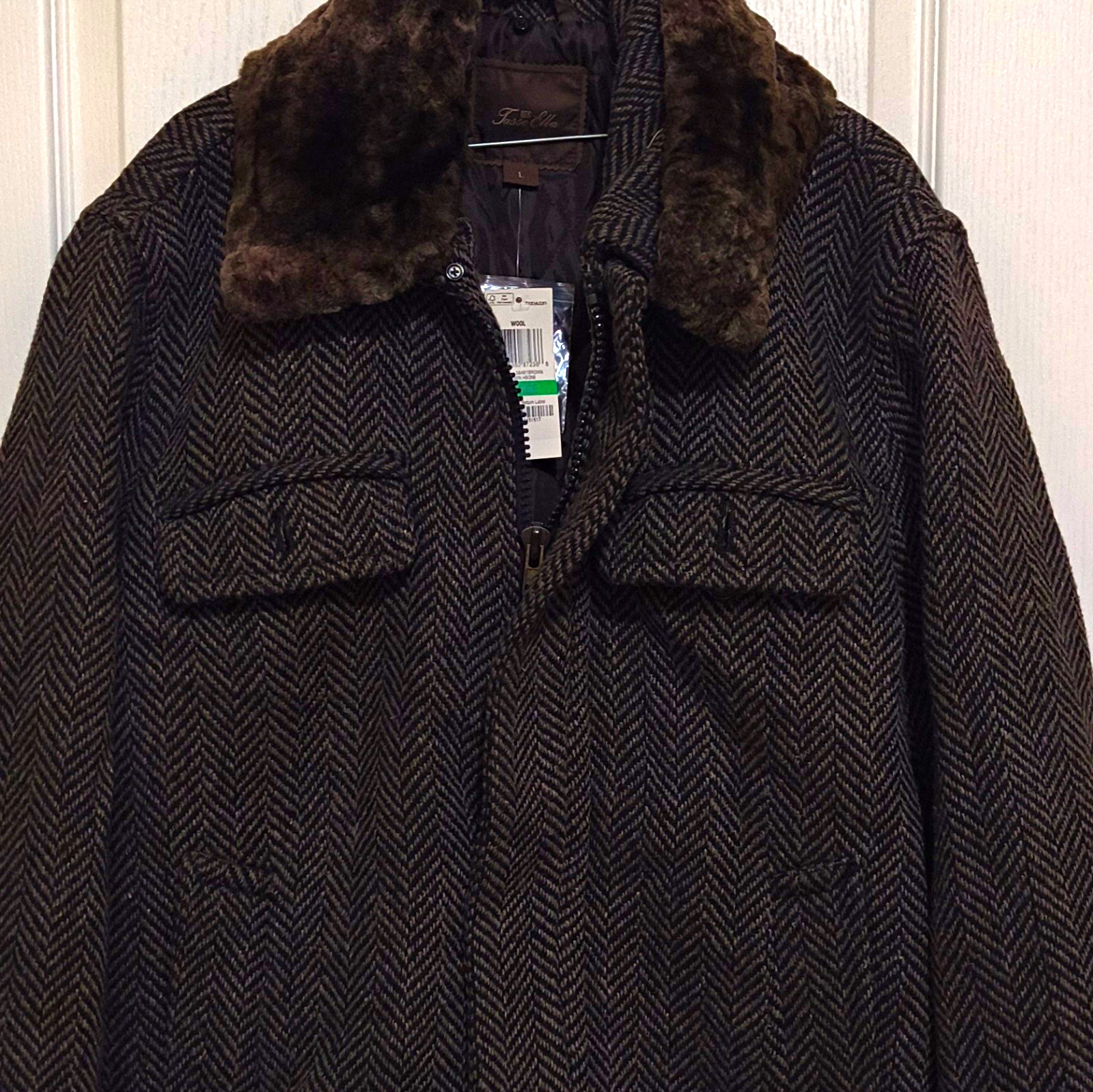 Macy’s Tasso Elba Men’s Wool Herringbone Jacket Faux Fur Trim Zip Lined Pockets