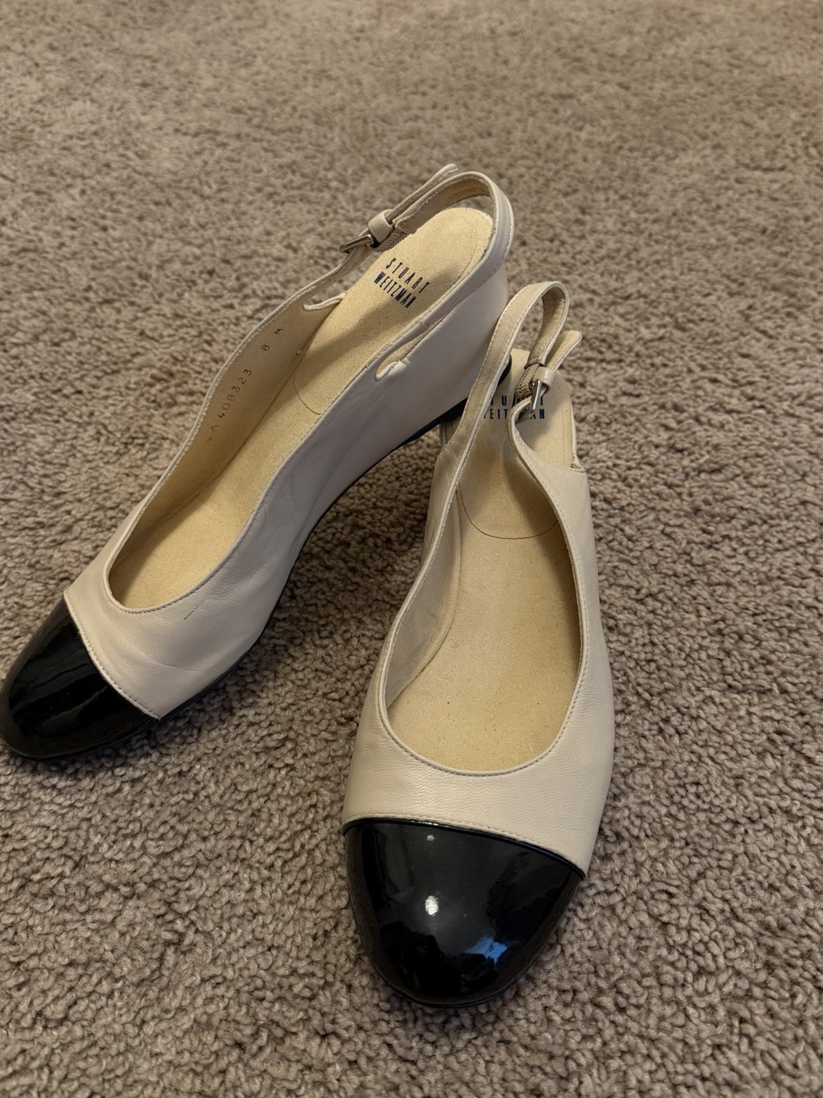 Stuart Weitzman A408323 Vintage Cap Toe Slingback Kitten Heel Nude Black Size 8