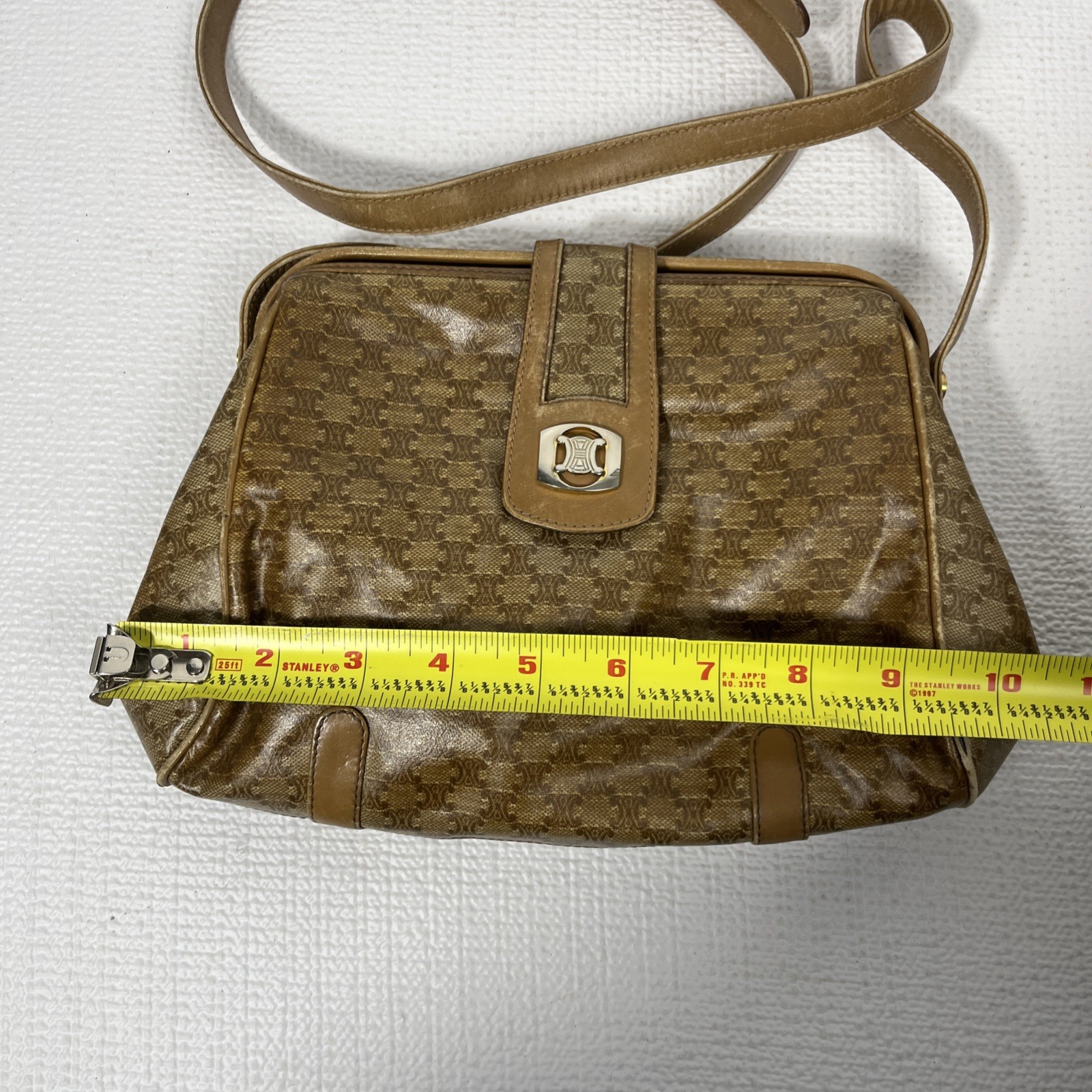 VTG CELINE Paris Macadam Monogram Leather Crossbody Bag Brown Trim