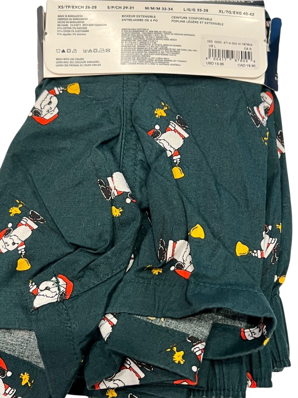 NWT AMERICAN EAGLE Stretch Boxer Sz XS-S-L-XL Green Red Santa Snoopy #42
