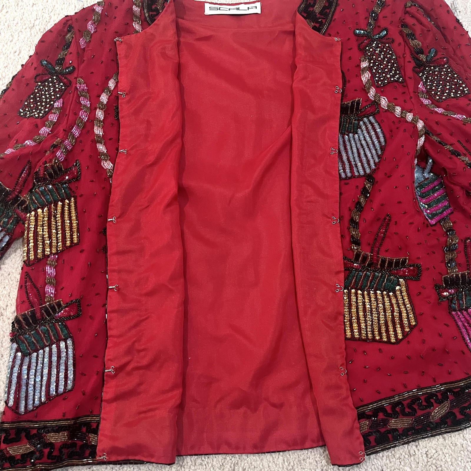 Vintage Scala Beaded Jacket Womens Red Sequin Holiday Party Gift Present L-XL