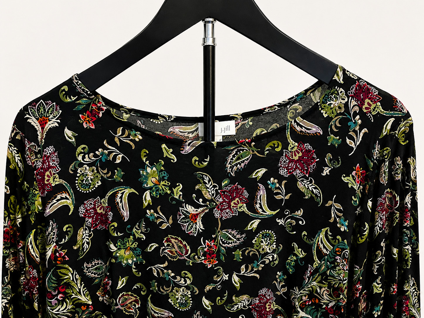 J.Jill Tunic Blouse XL Black Coral Paisley Button Down Soft Comfy Rayon Floral