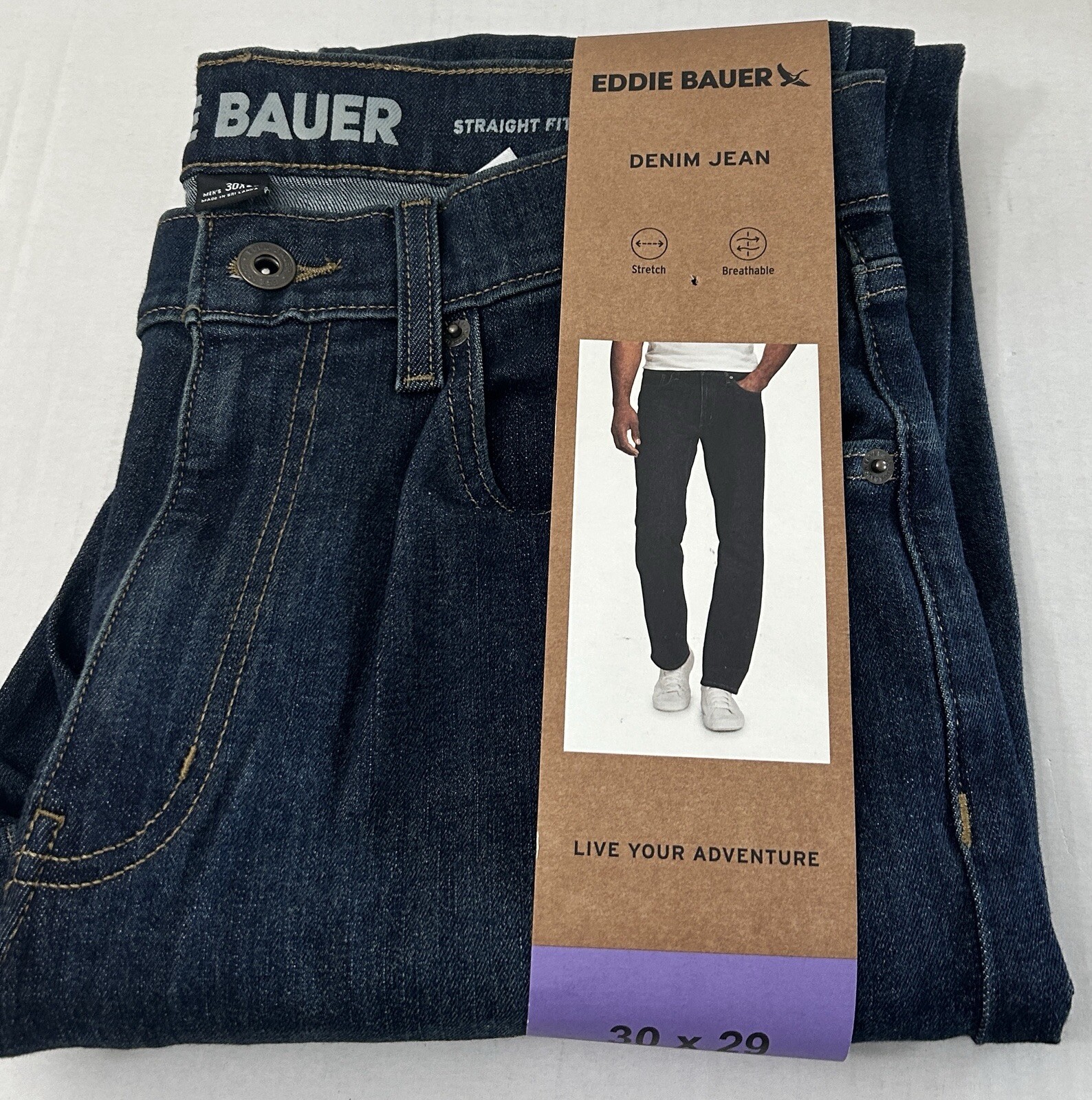 Eddie Bauer Men’s Classic Straight Fit Stretch Denim Jeans, Dark Blue, 30 X 29..