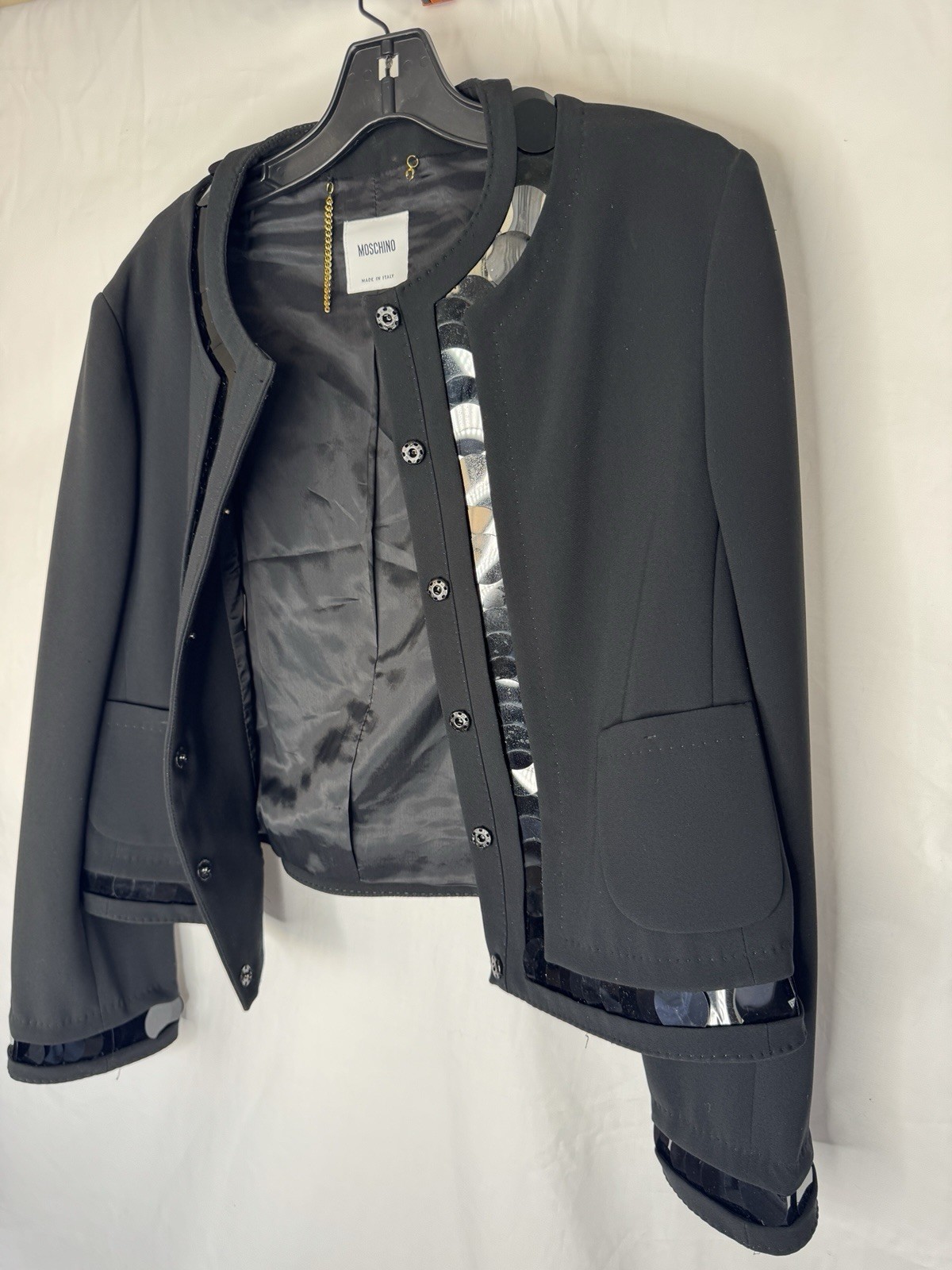 MOSCHINO Women’s Black Cropped Open Jacket with Sequin Trim